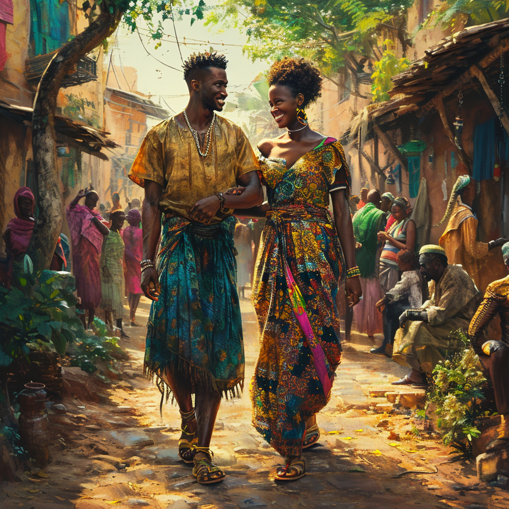 African couple walking in village