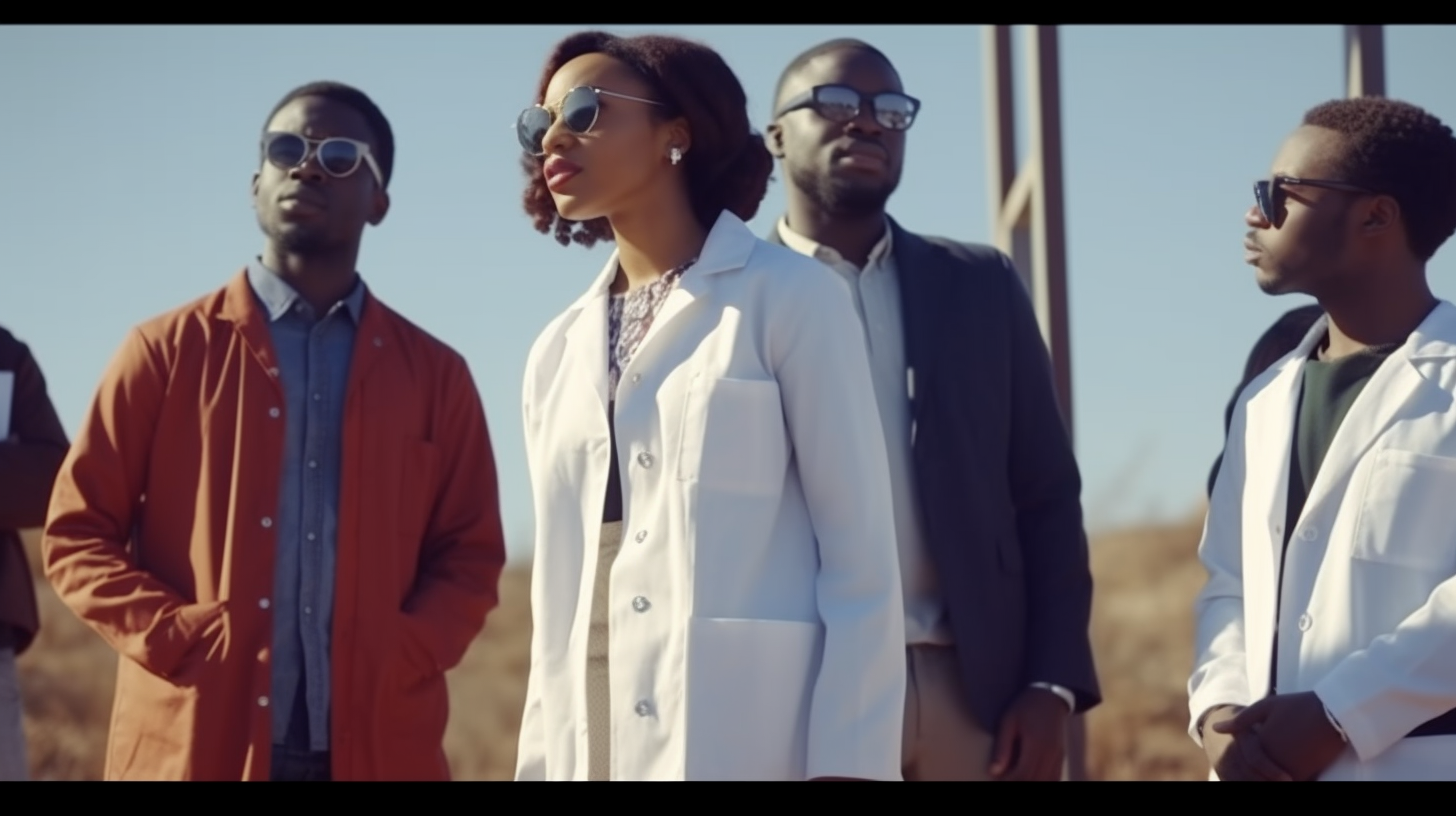 African doctors talking to crowd, bright, smiling, colorful