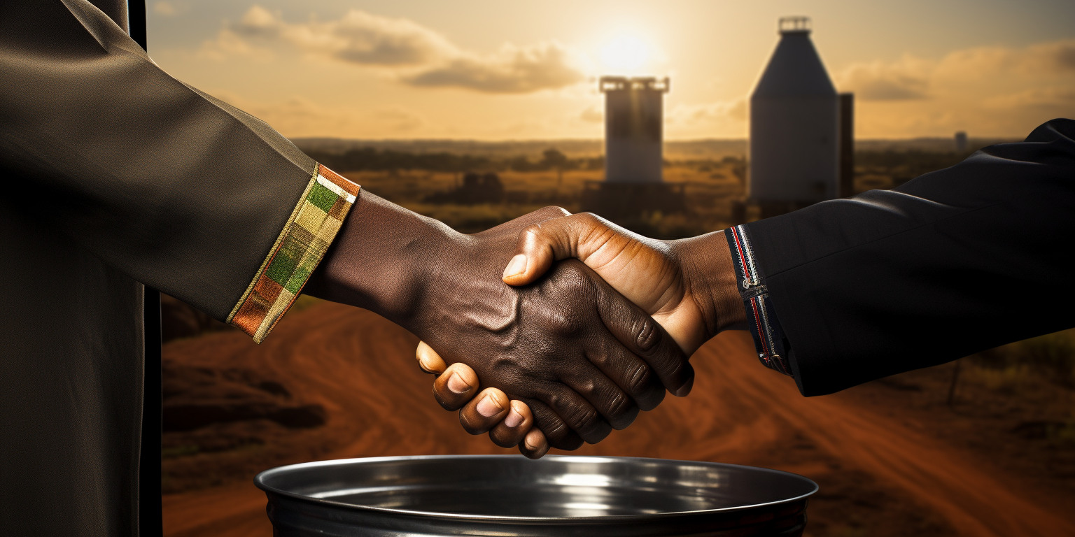 African and European shaking hands during cooking oil production