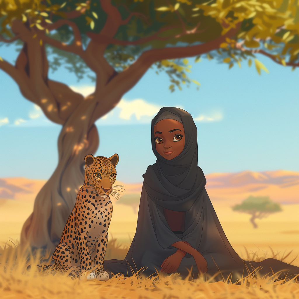 African girl and leopard cartoon