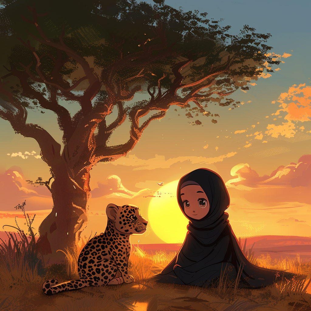 African Girl and Leopard Sunset