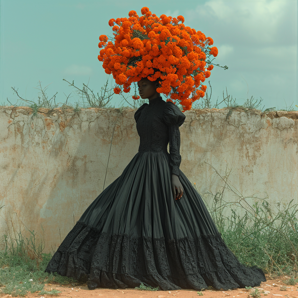 African girl in long dress with orange flowers