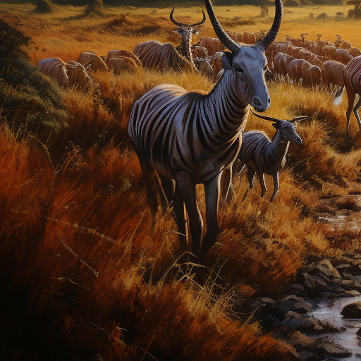 African Grasslands Painting with Running Antelopes and Mount Kilimanjaro