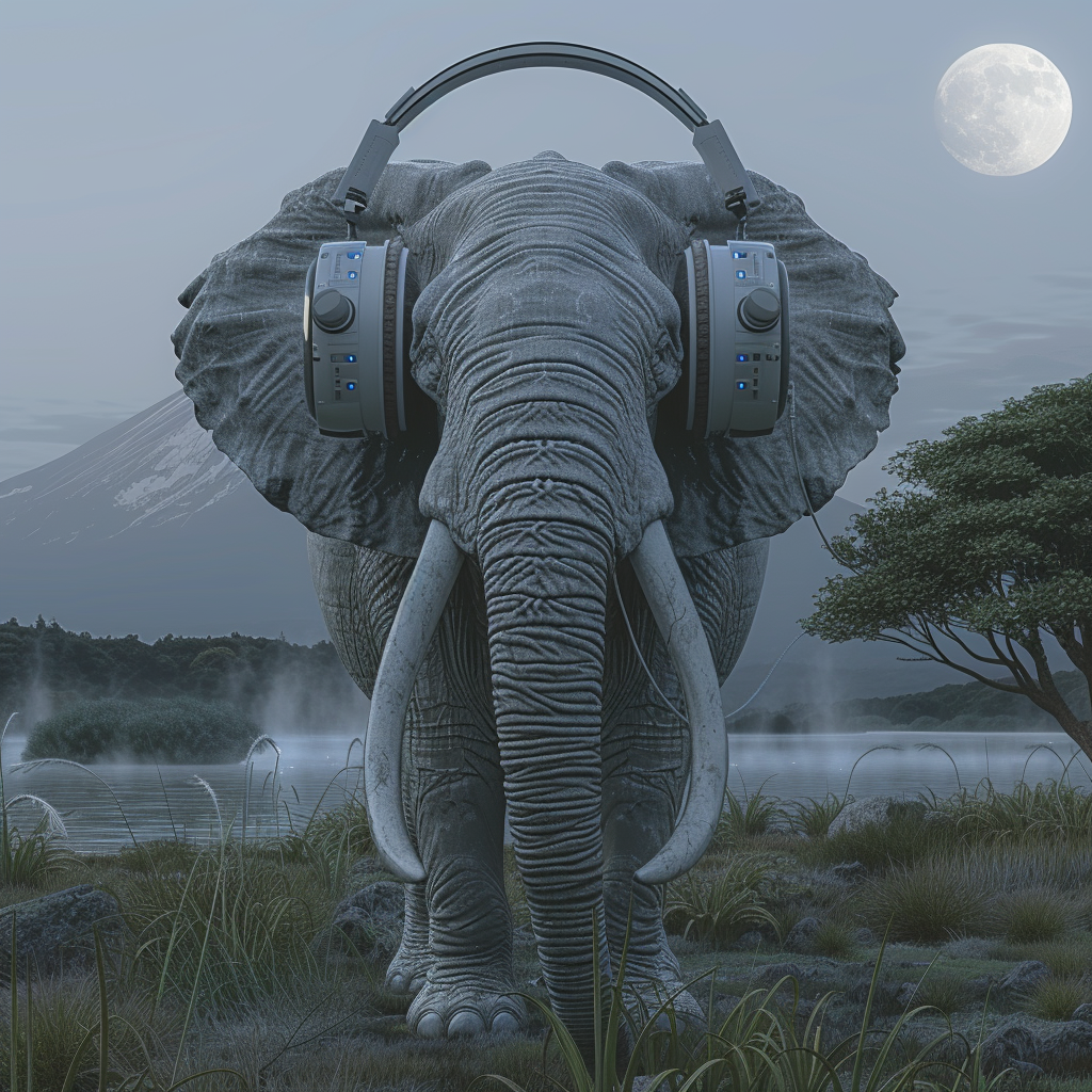 African grey elephant with headphones