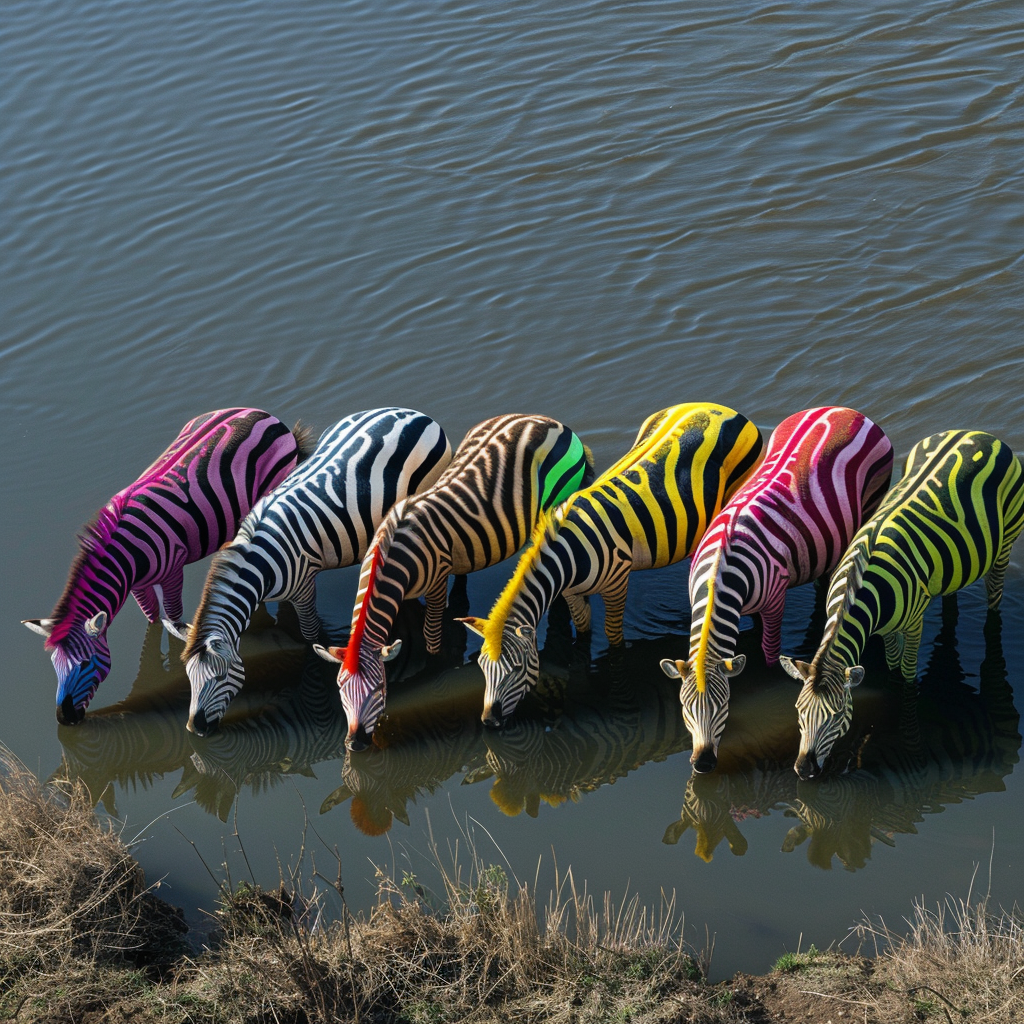 Colorful zebras drinking at African lake