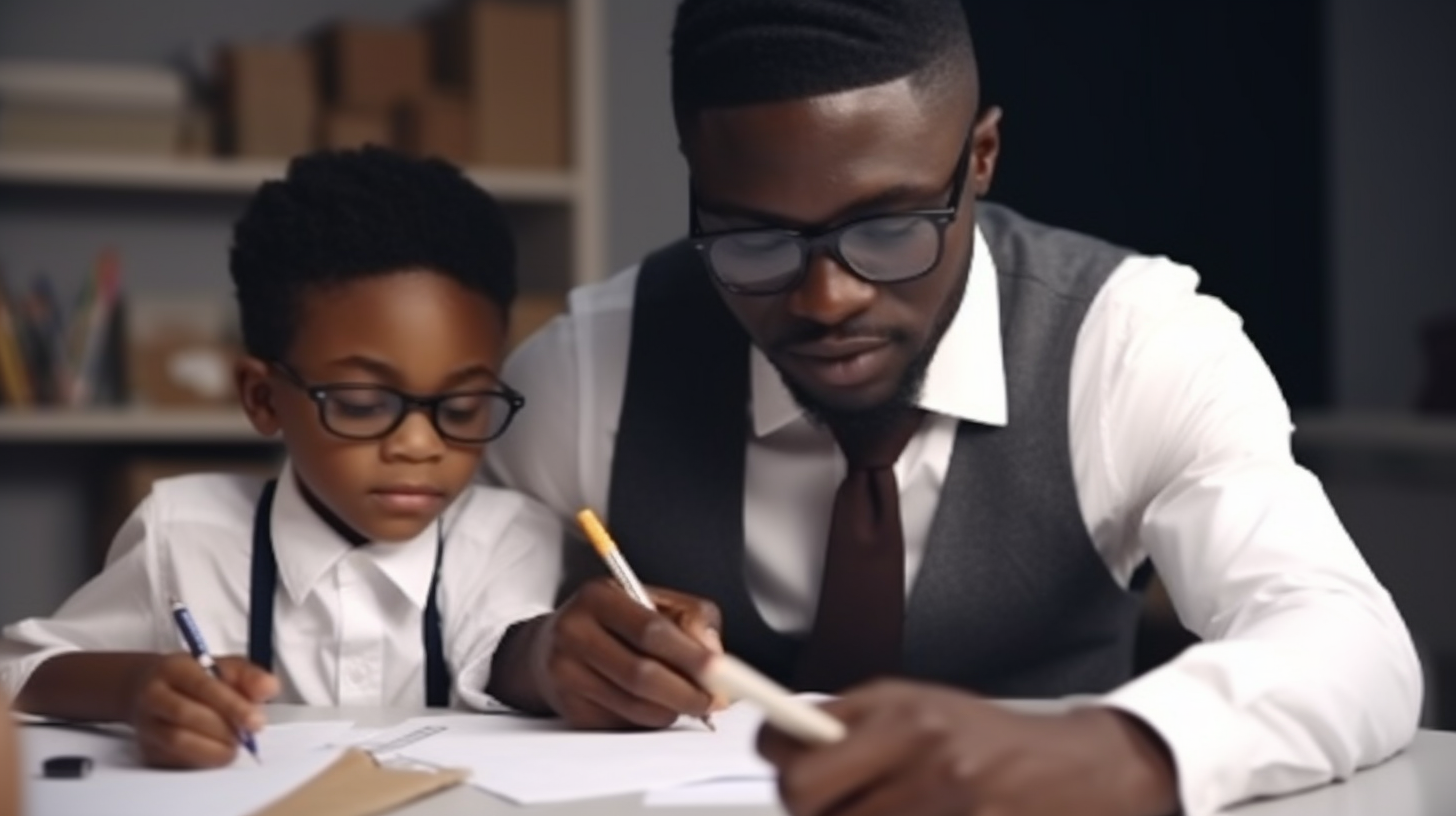 African Male Teacher Assisting Elementary Student