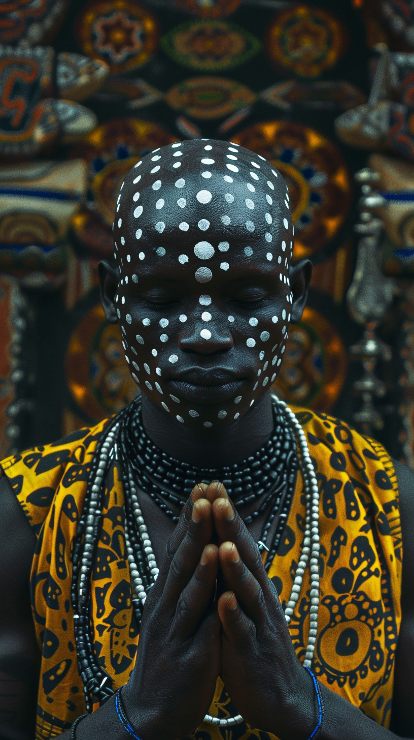 African man body paint praying