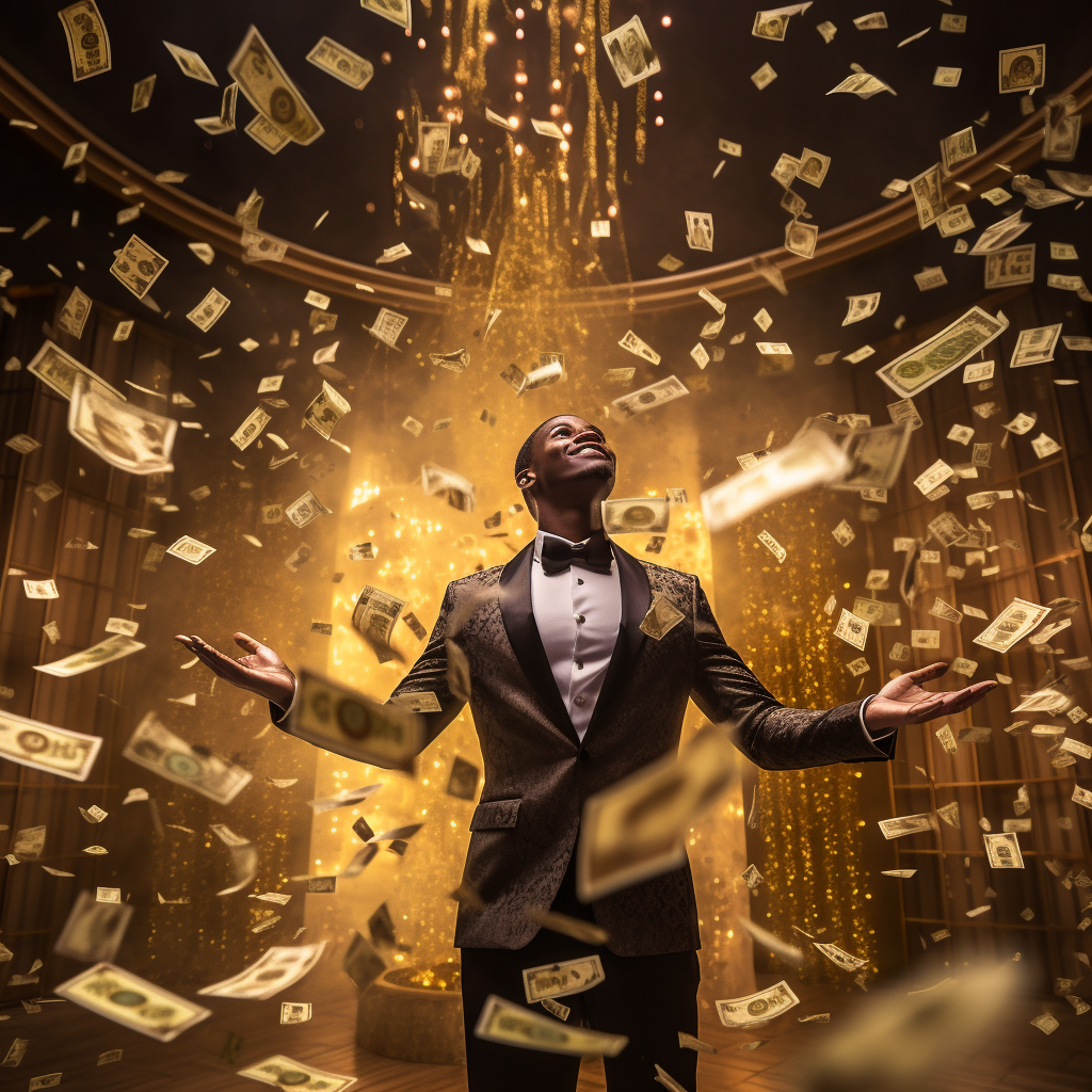 African man admiring raining money in ballroom