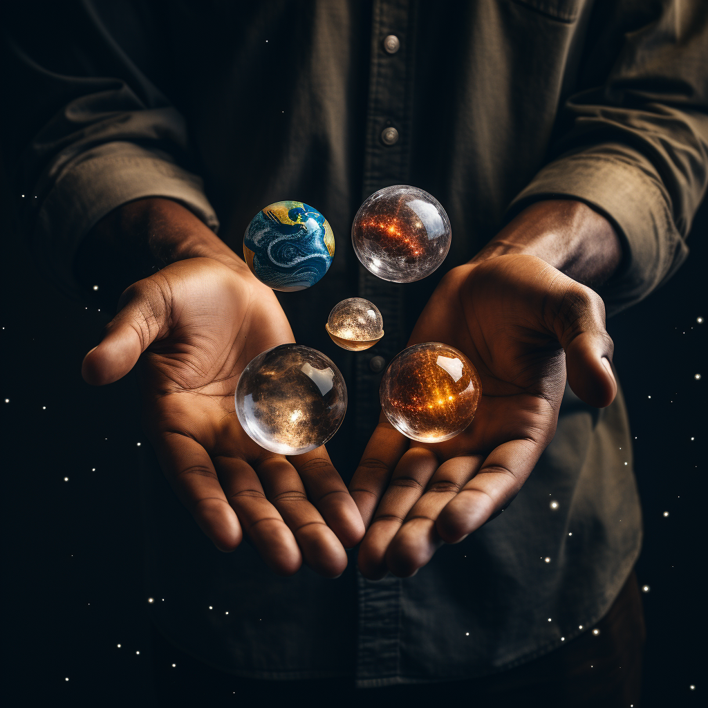 African man holding planets