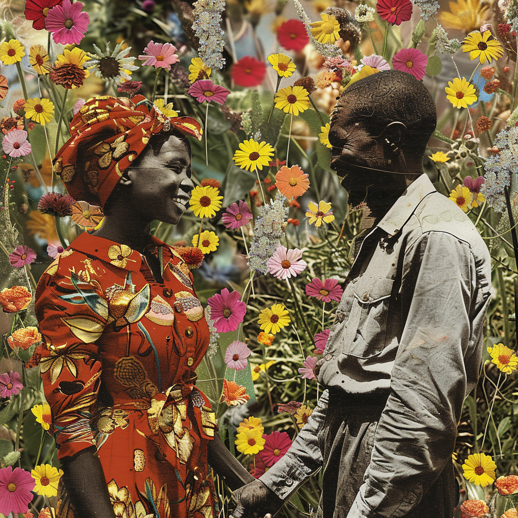 African couple celebrating with flowers