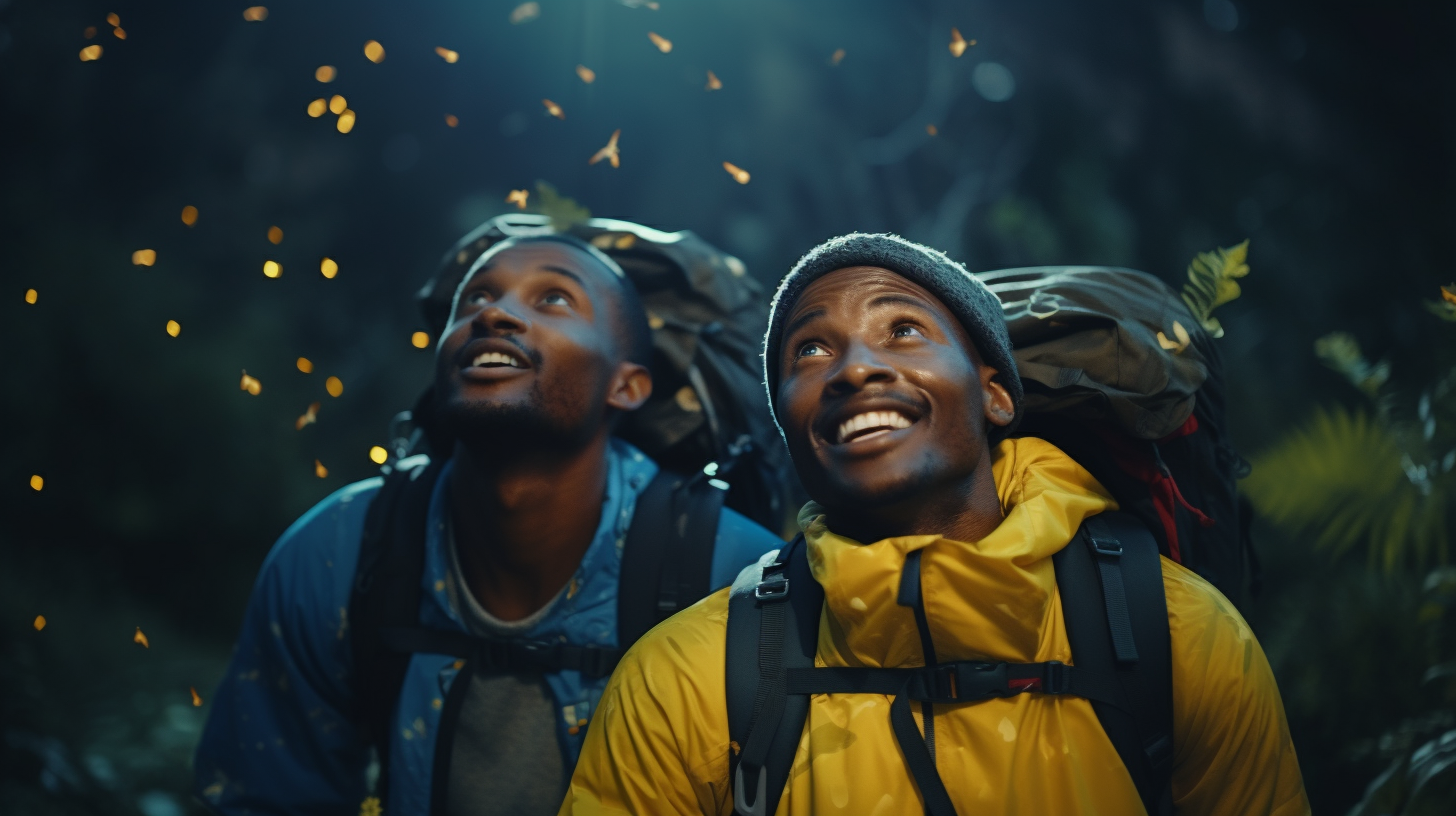 African men hikers with fireflies at night