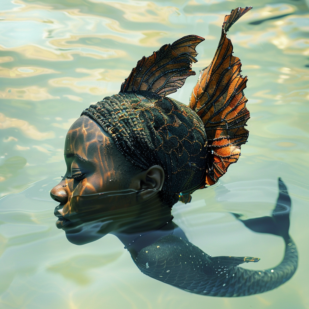 African mermaid swimming in ocean