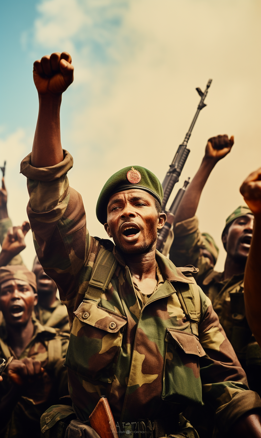 African military soldiers raising fists in unity