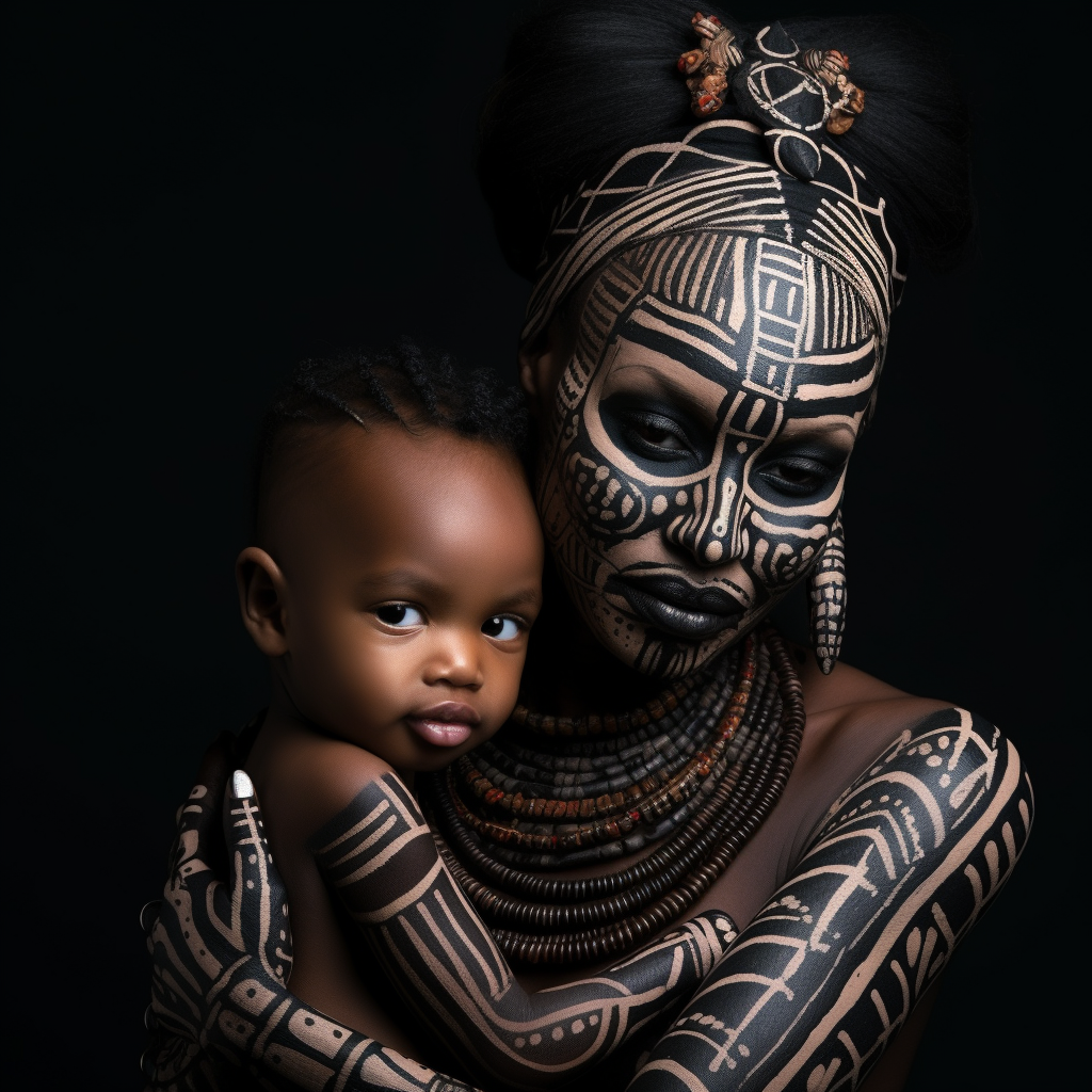 African mom with baby tribal makeup