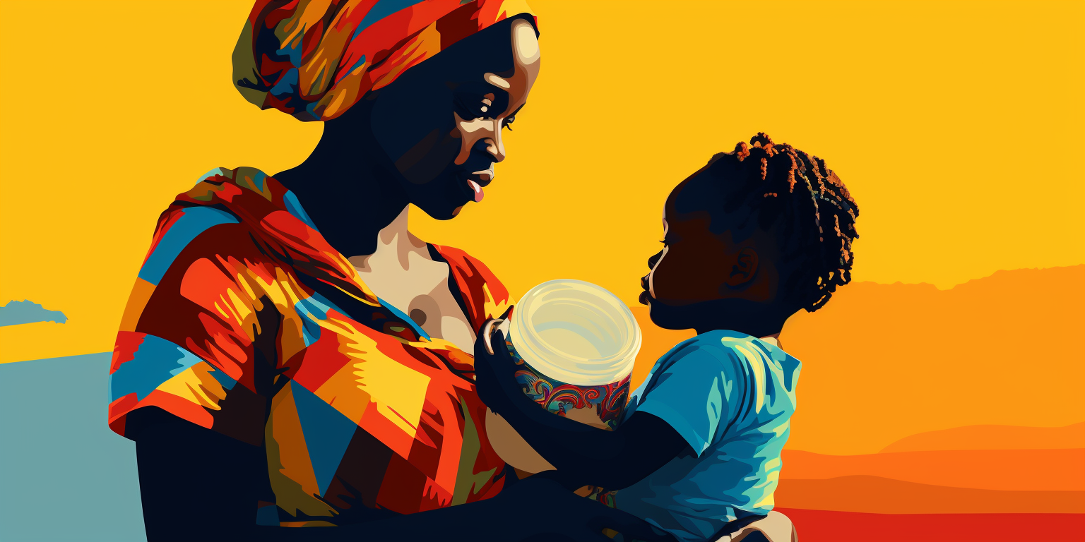 African mother giving milk to son