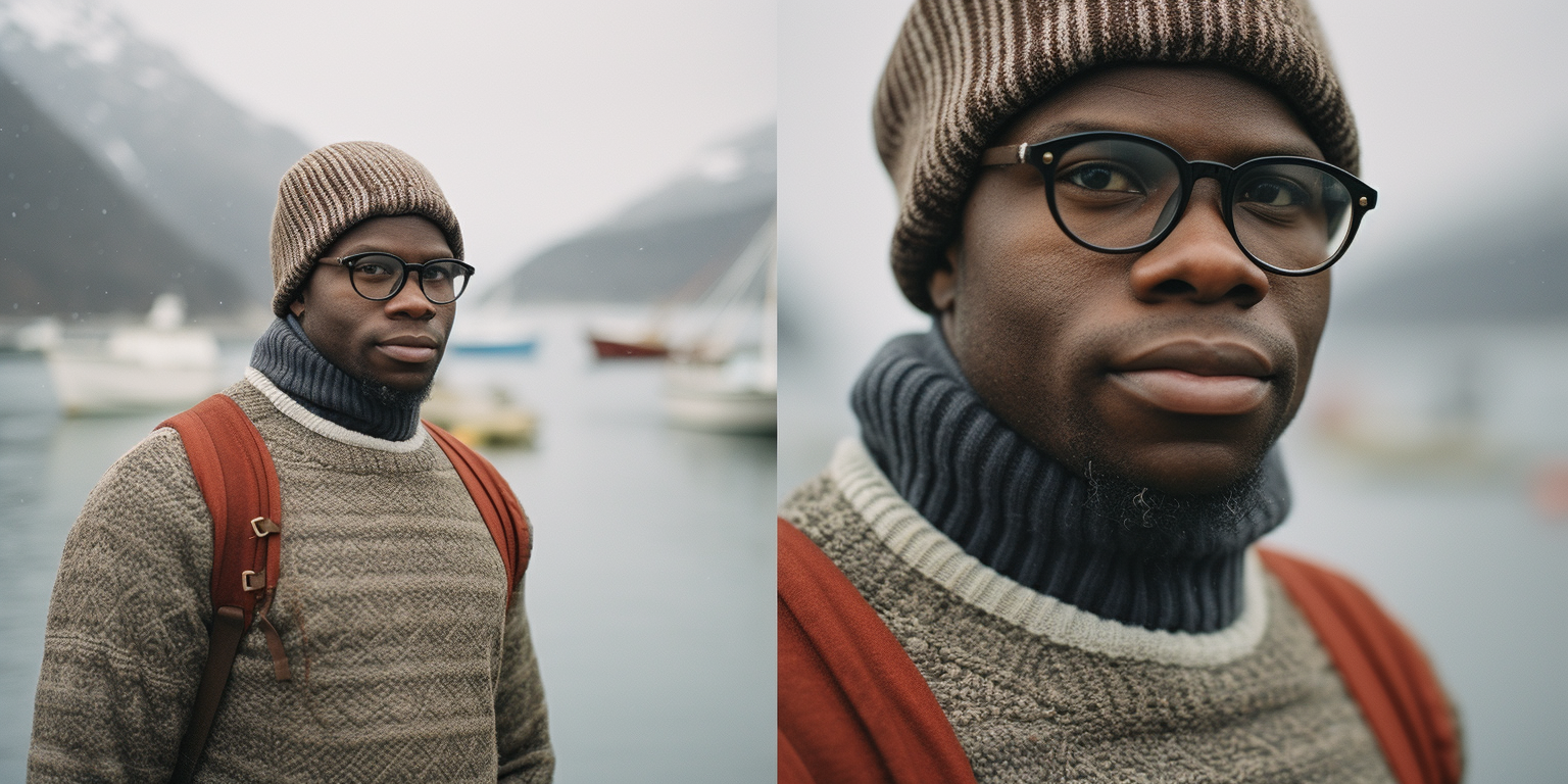 Strong African man wearing glasses in Lofoten Norway