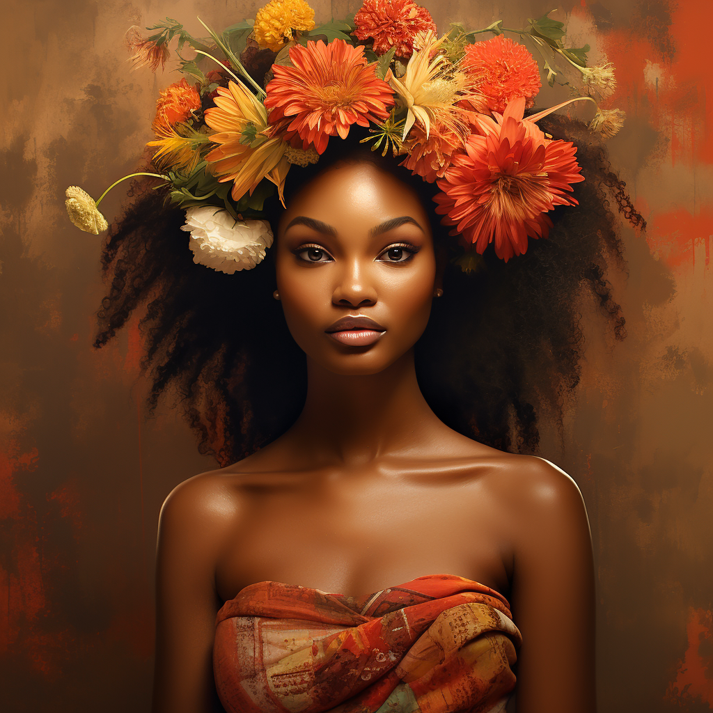 African queen teenage girl with flowers