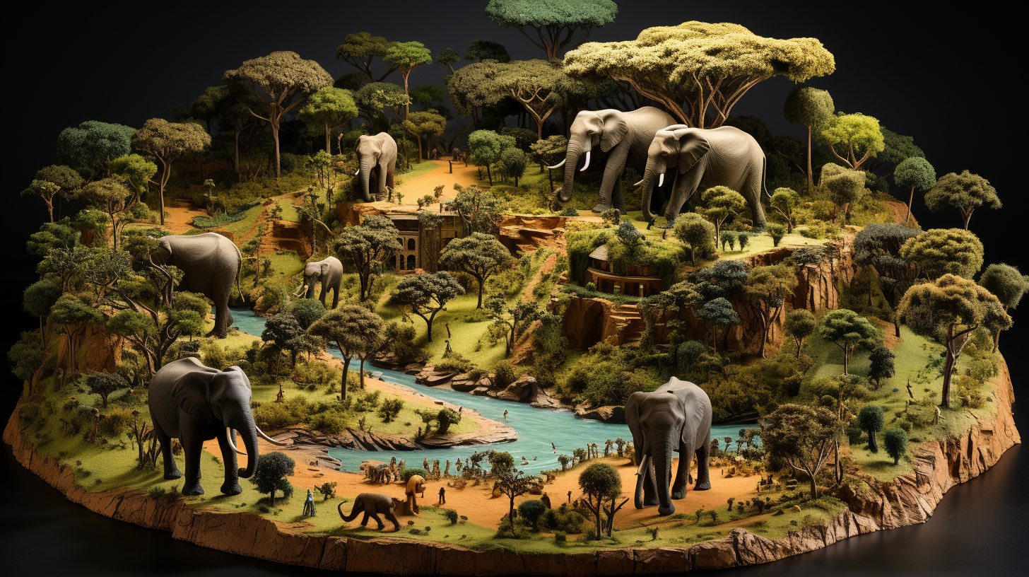 Miniature blind box toys on African savanna