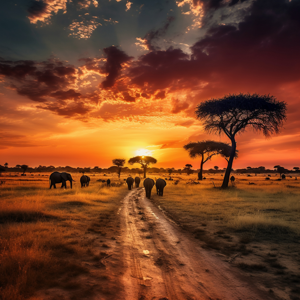 Wildlife walking against African sunset