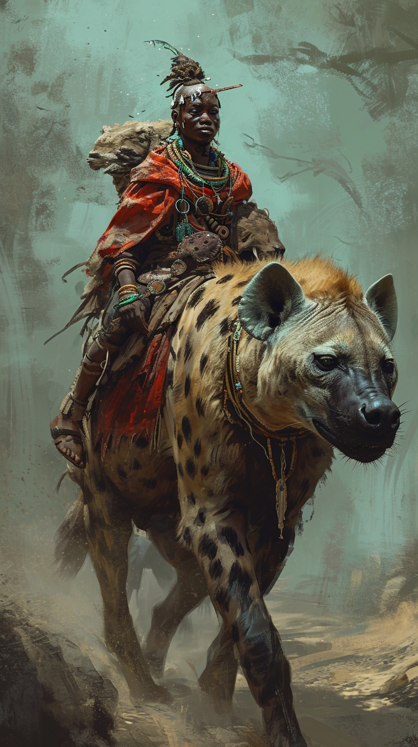 African shaman on giant hyena