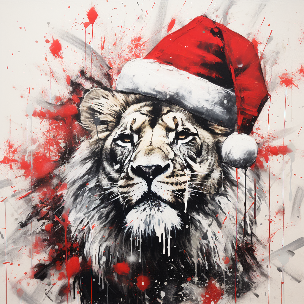 Abstract African-style lion with Santa hat