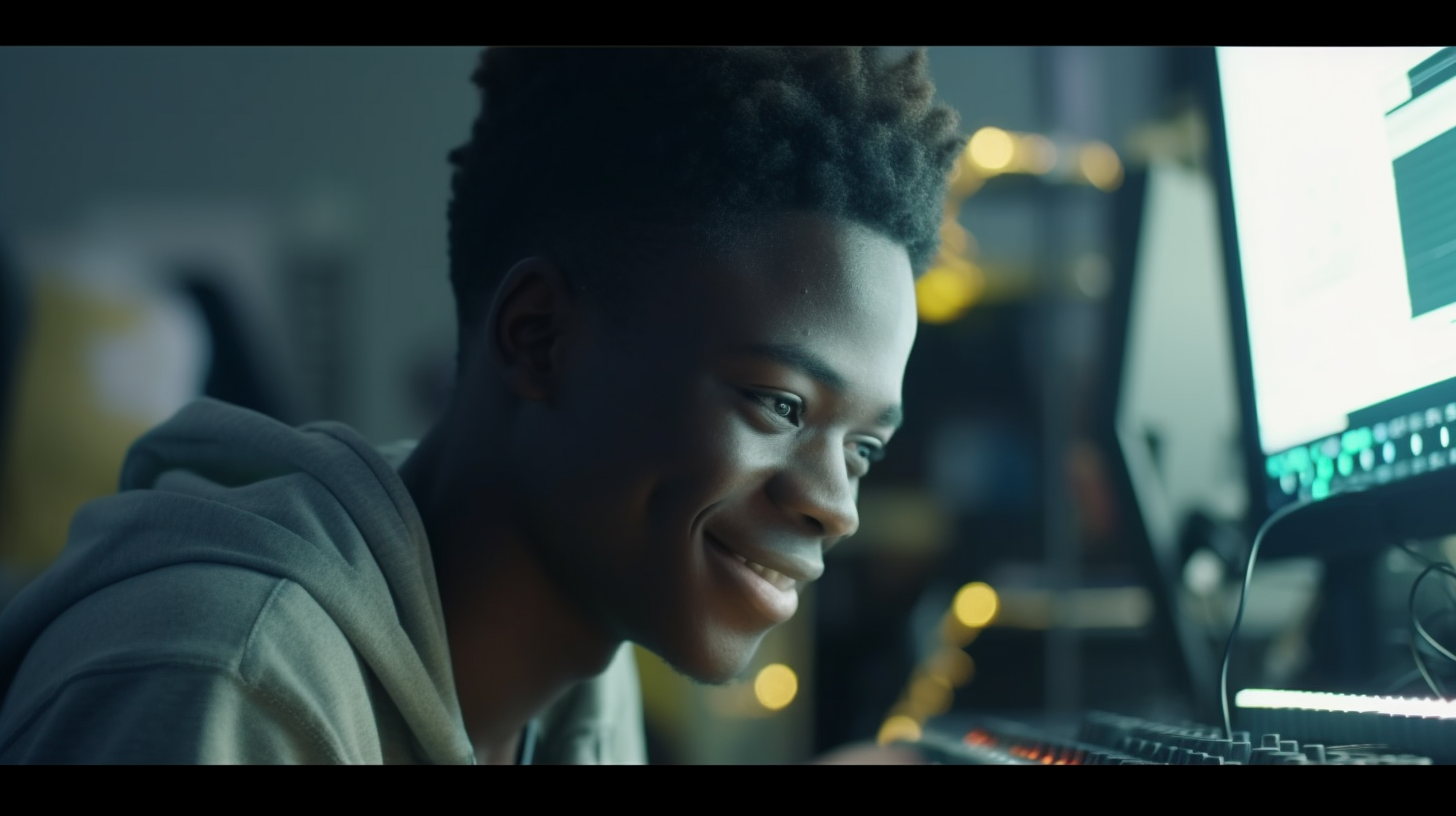 African university student working on computer smiling