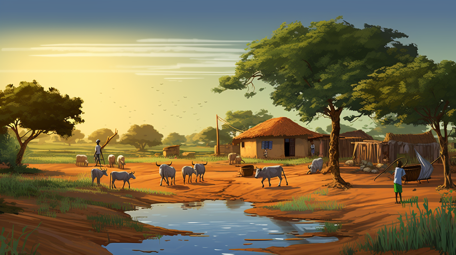 Cartoon illustration of African village farming activity