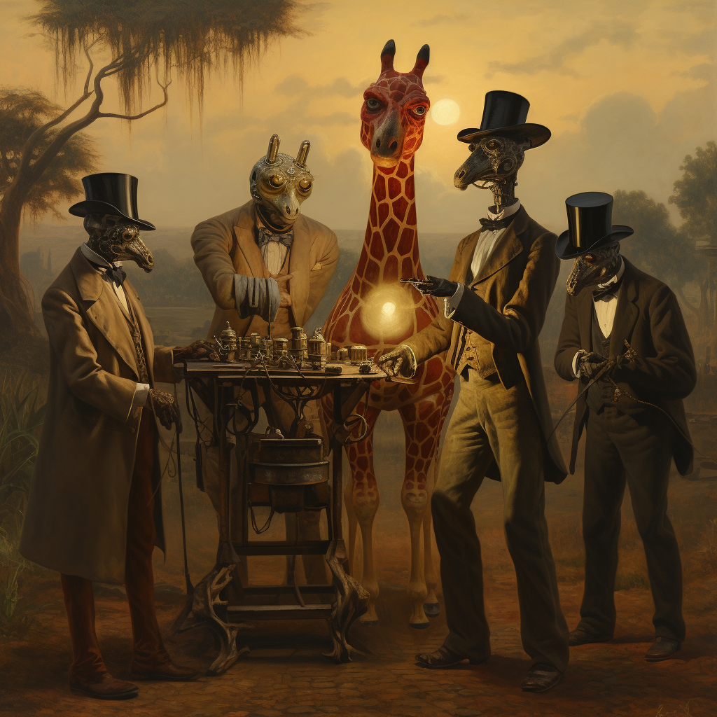 Group of Men with African Voodoo Masks Confronting Robotic Giraffe