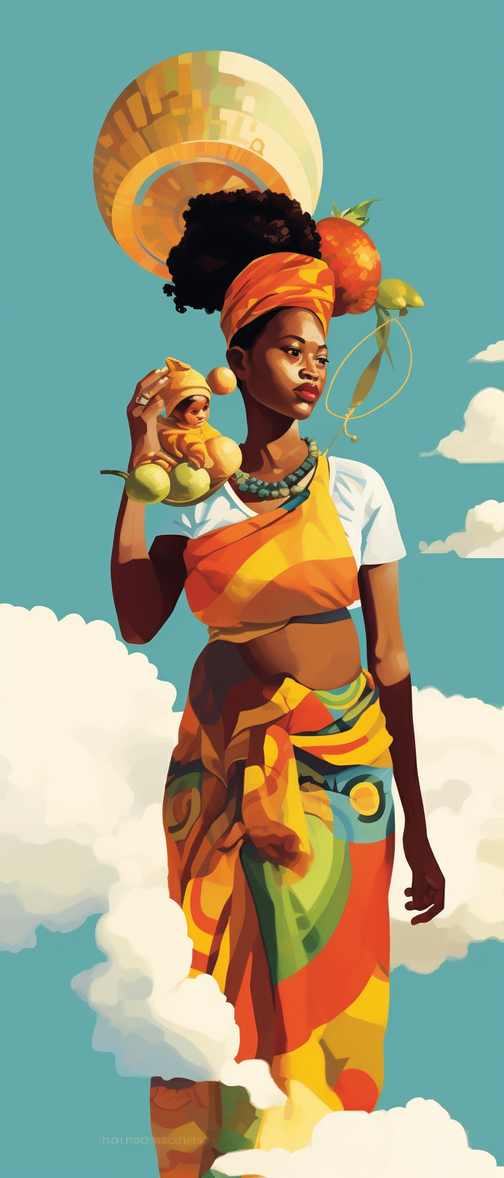 African woman multitasking with baby and fruit basket