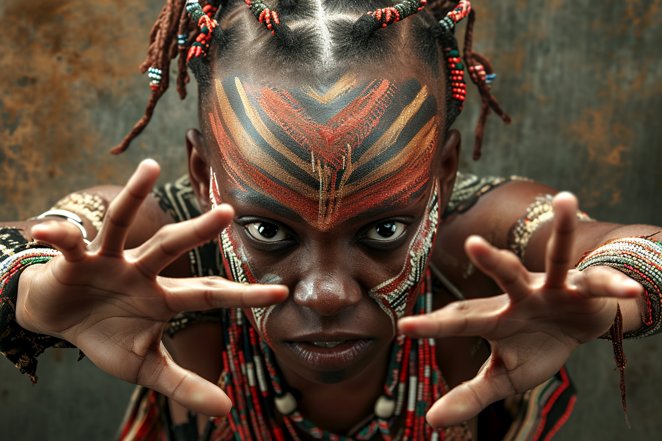 African woman with fierce eyes wearing African mask