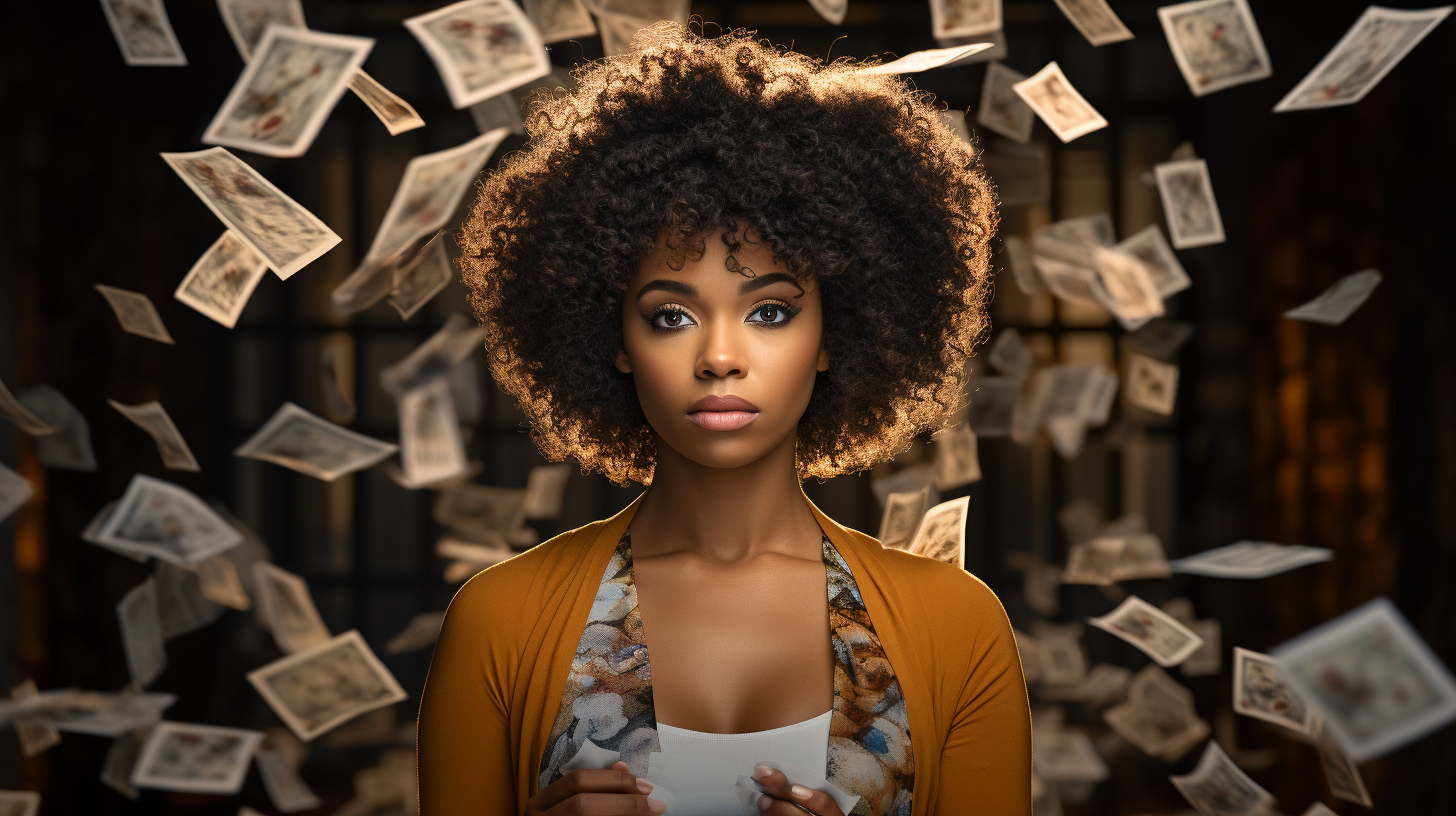 African woman holding question mark paper