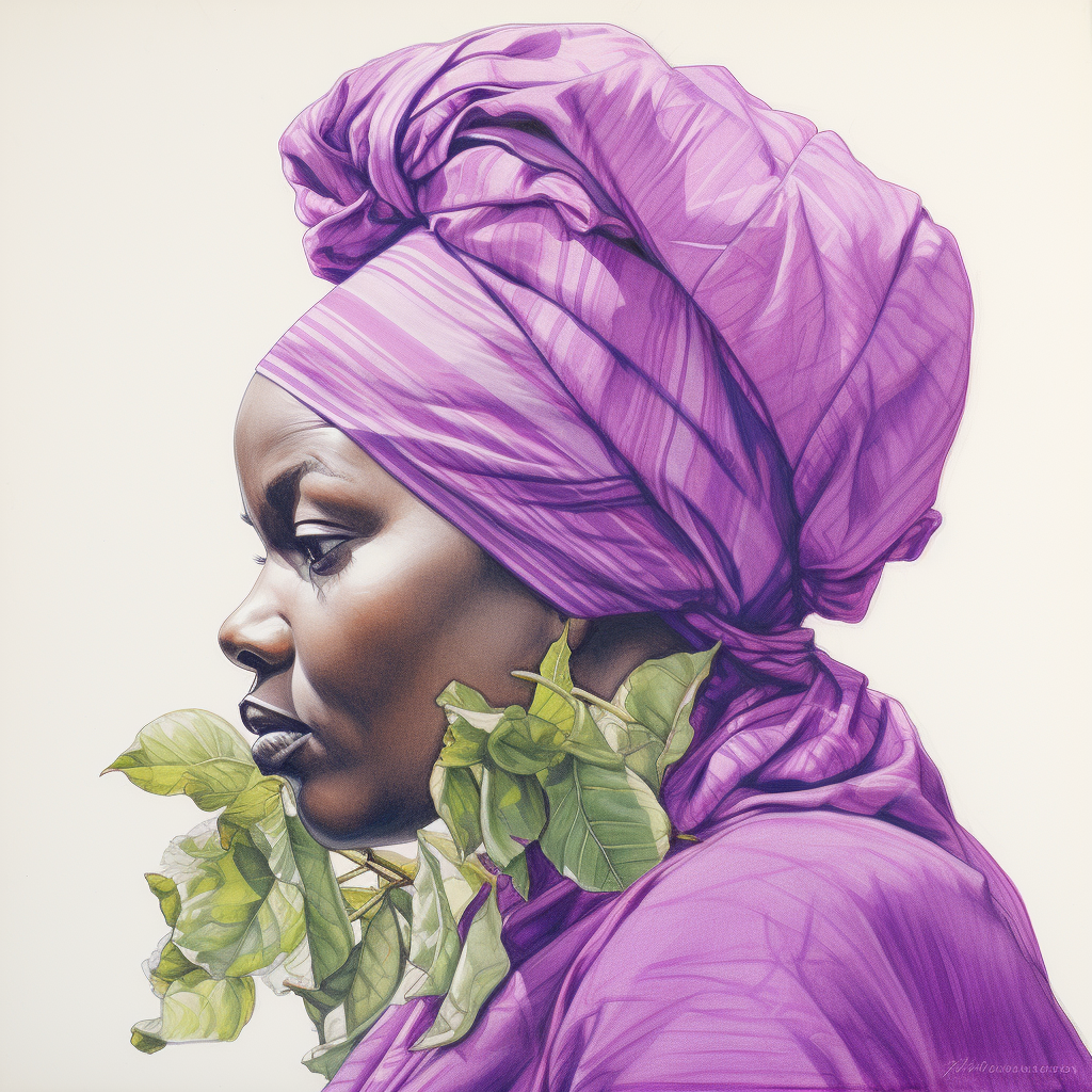 African woman with purple headscarf and vegetables