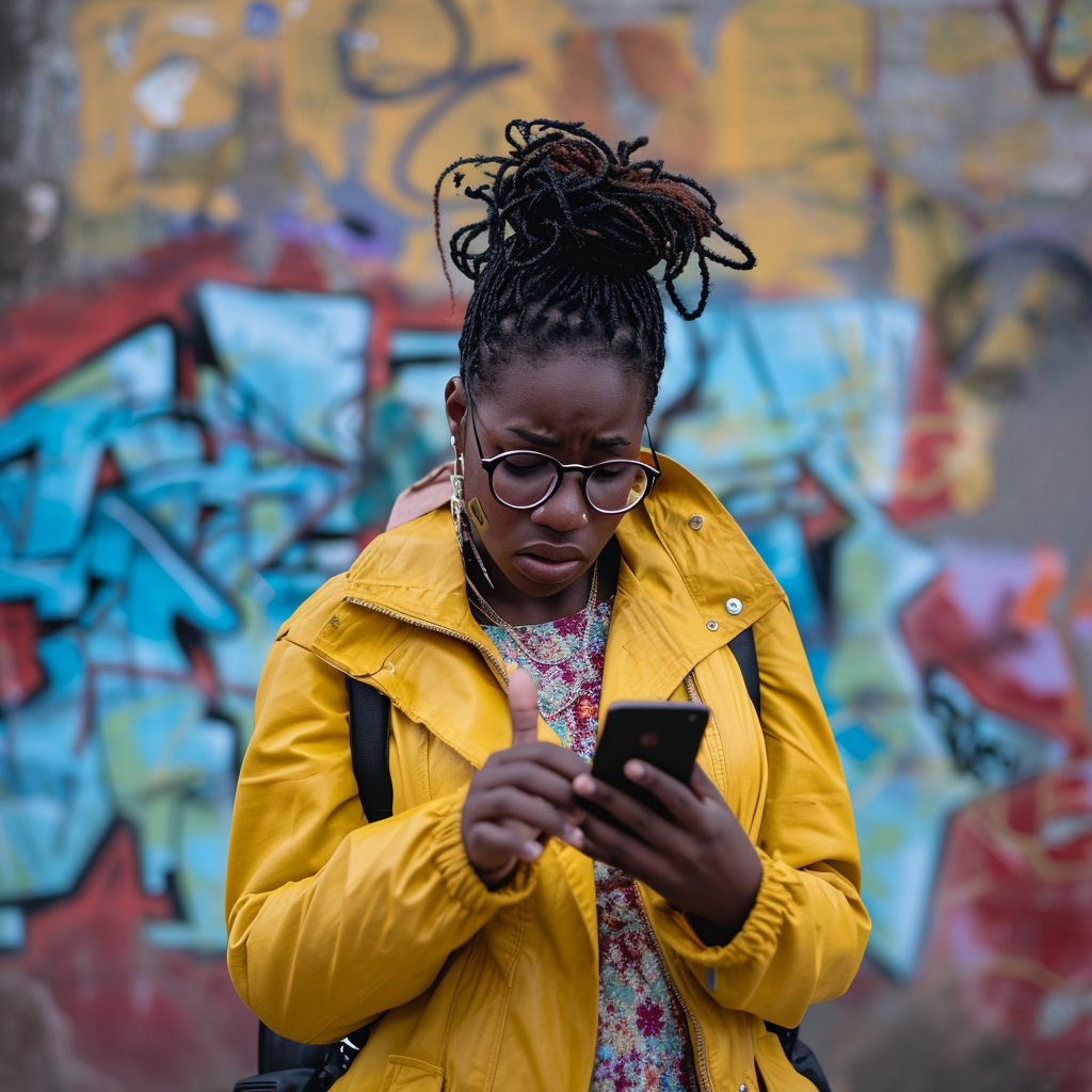 African woman in urban environment on phone