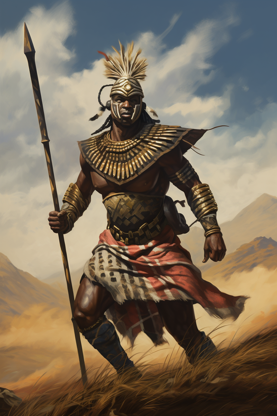 Full body oil painting of an African Zulu warrior in armor