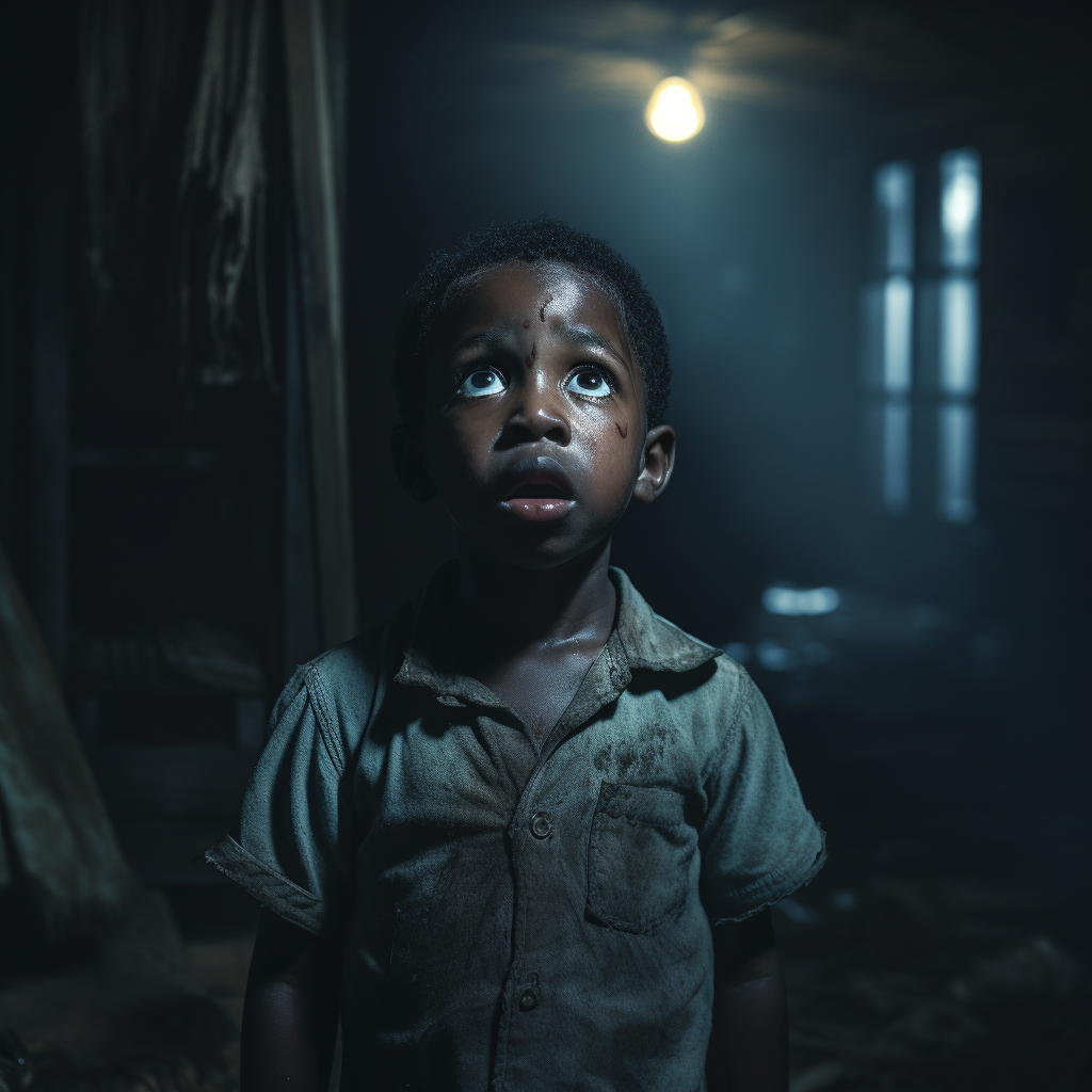 African American baby boy crying in dark house