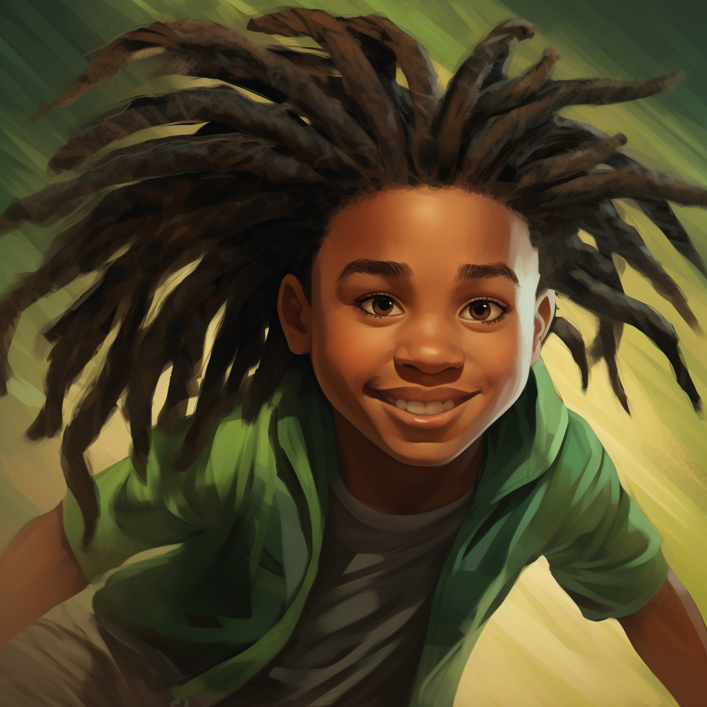 Smiling boy with dreadlocks in green clothes, radiating happiness