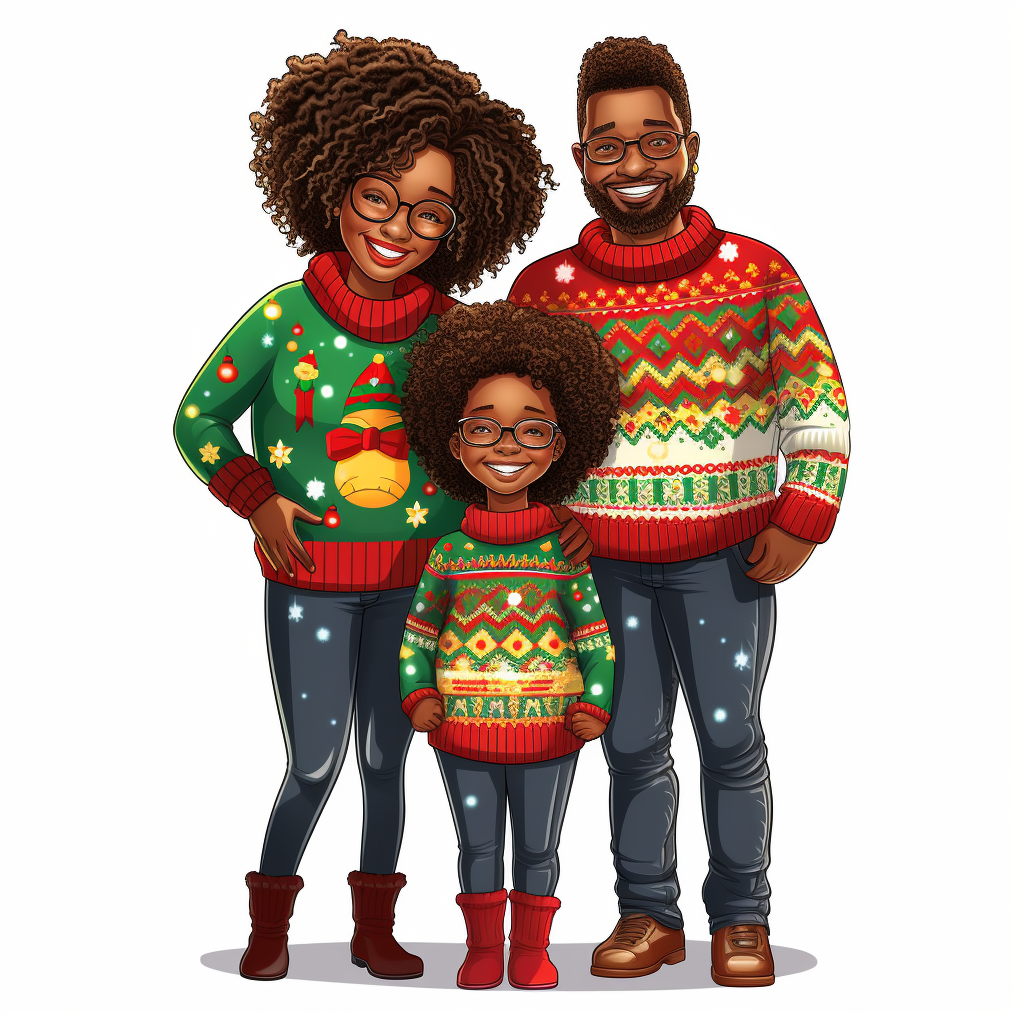 African American family in festive Christmas sweaters