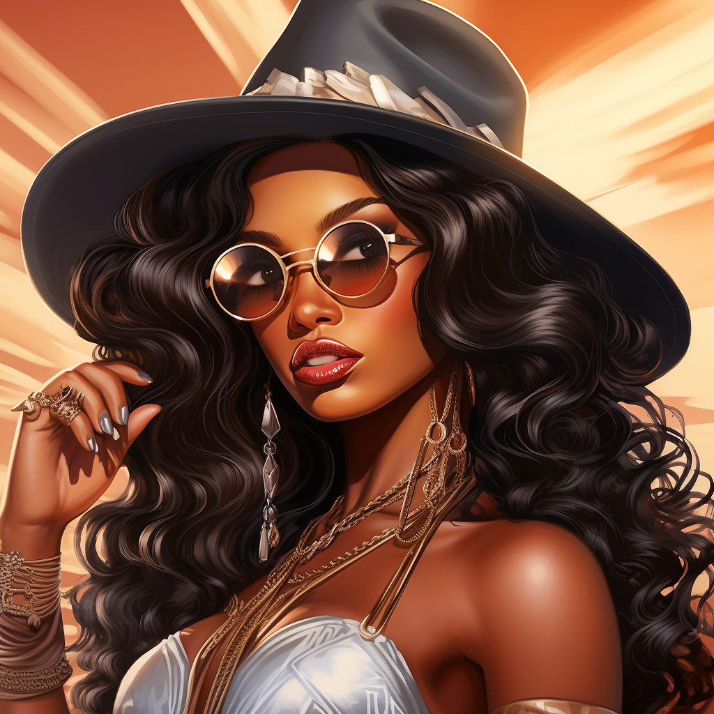 Glamorous African American diva with wavy hair and glasses  ?