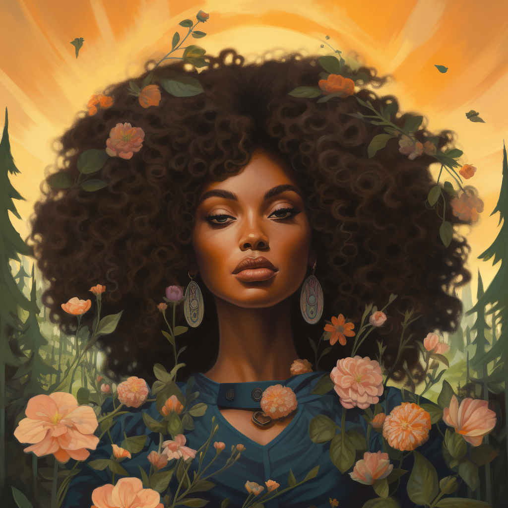 African American lady with big wavy hair in nature