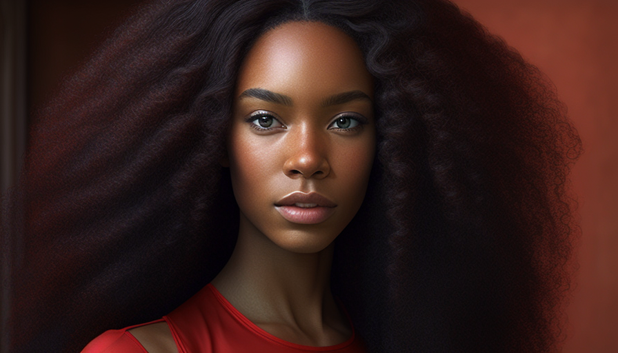 Beautiful African American woman with long hair in a red shirt