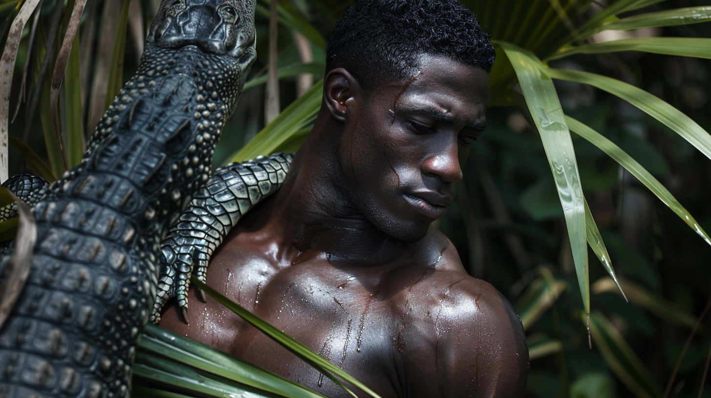 Muscular man showcasing crocodile skin