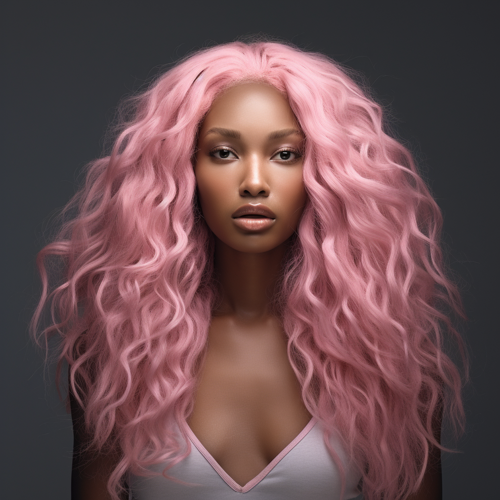 Beautiful African American model with long wavy pink hair