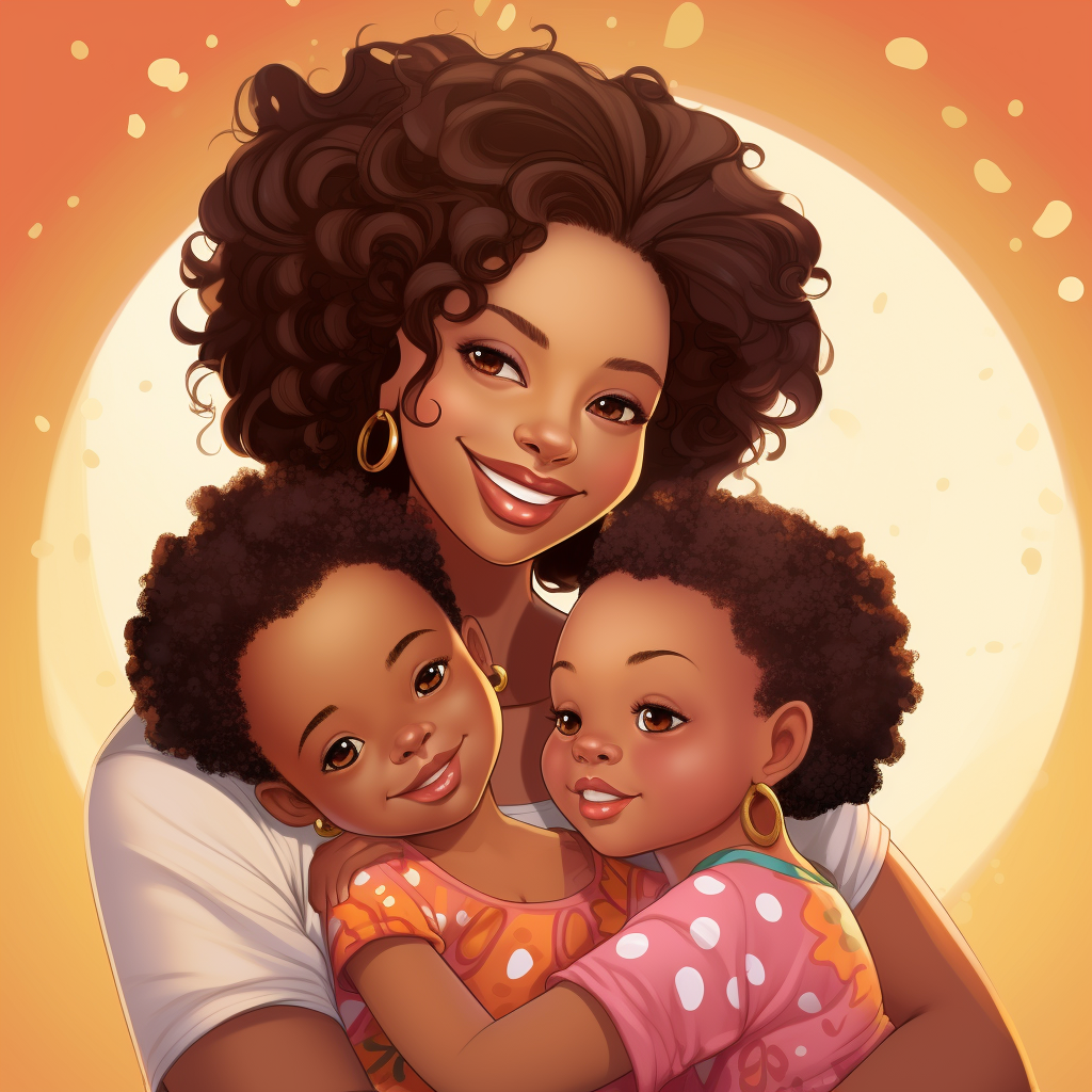 Cartoon of African American Mother and 3 Babies