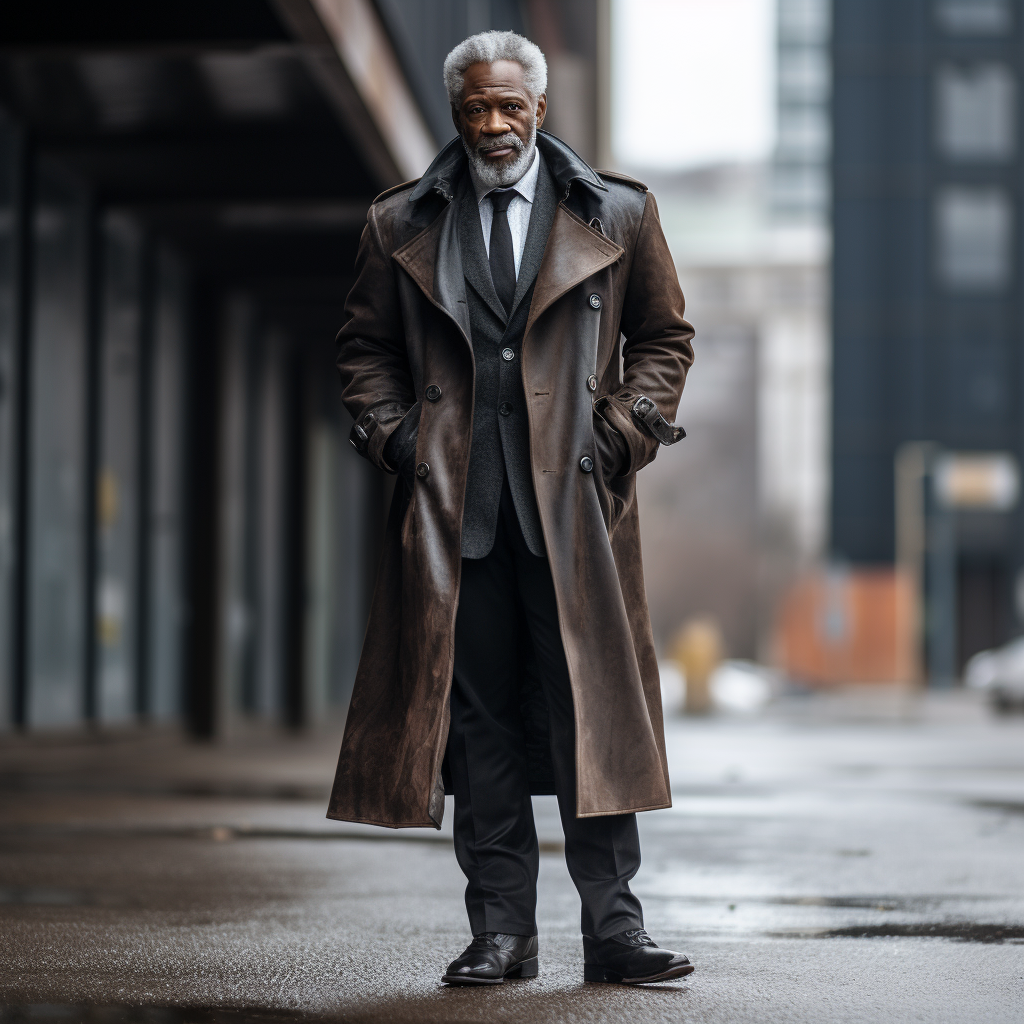 African American man in trench coat and boots