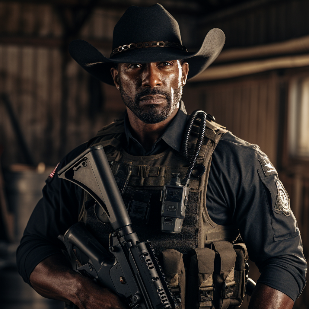 African American SWAT Operator in Full Tactical Gear and Cowboy Hat