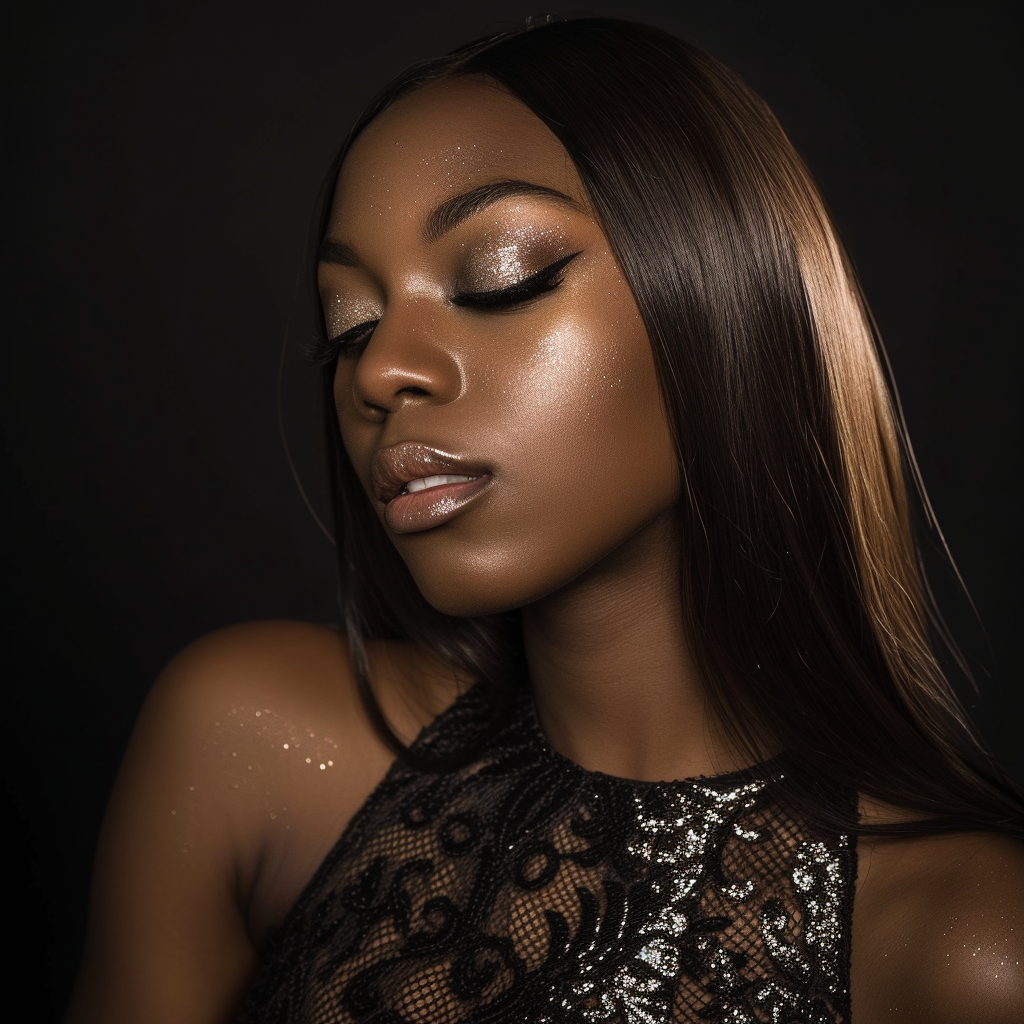 African American woman in black lace cocktail dress