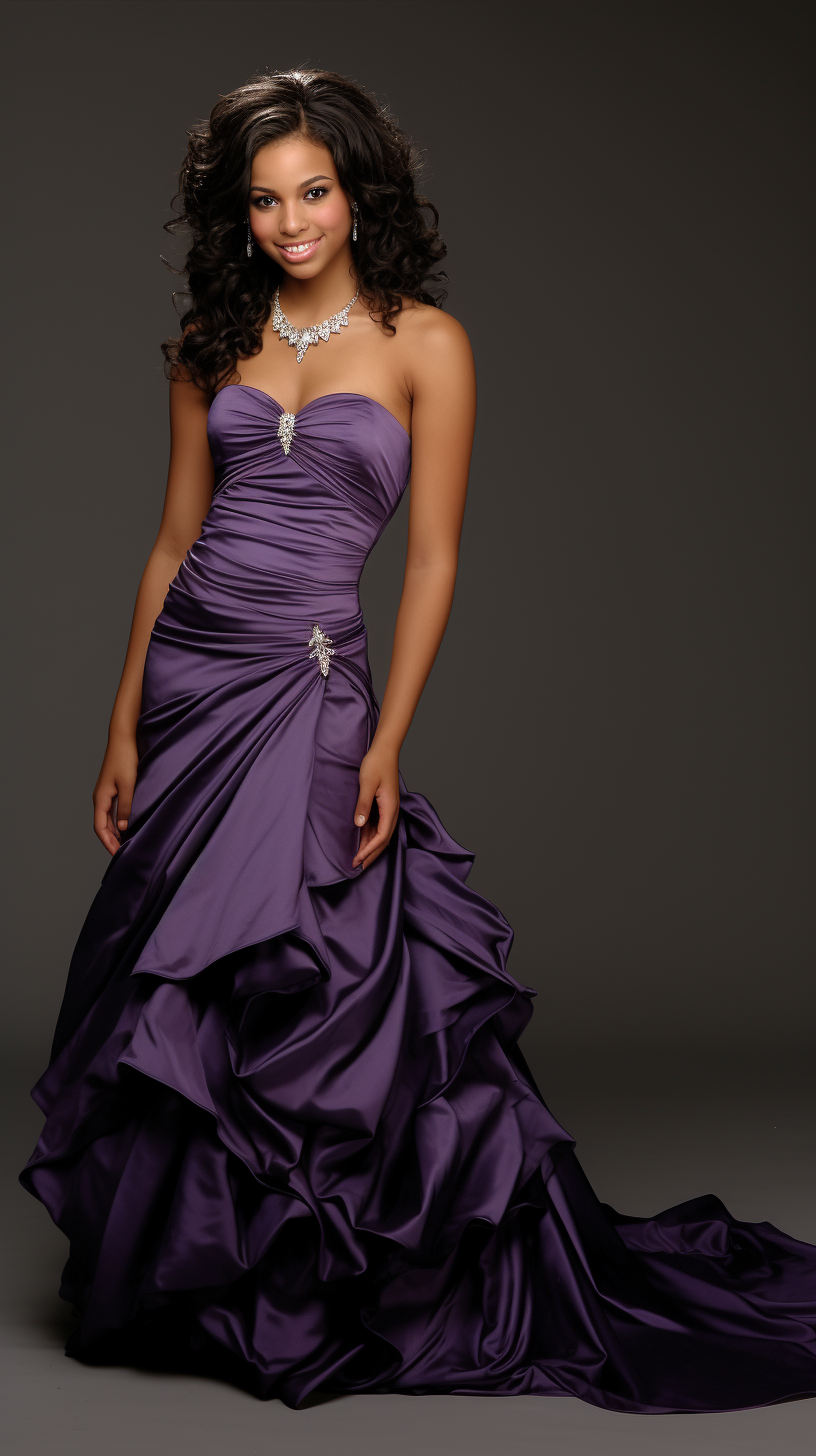 African American woman in purple bridesmaid dress