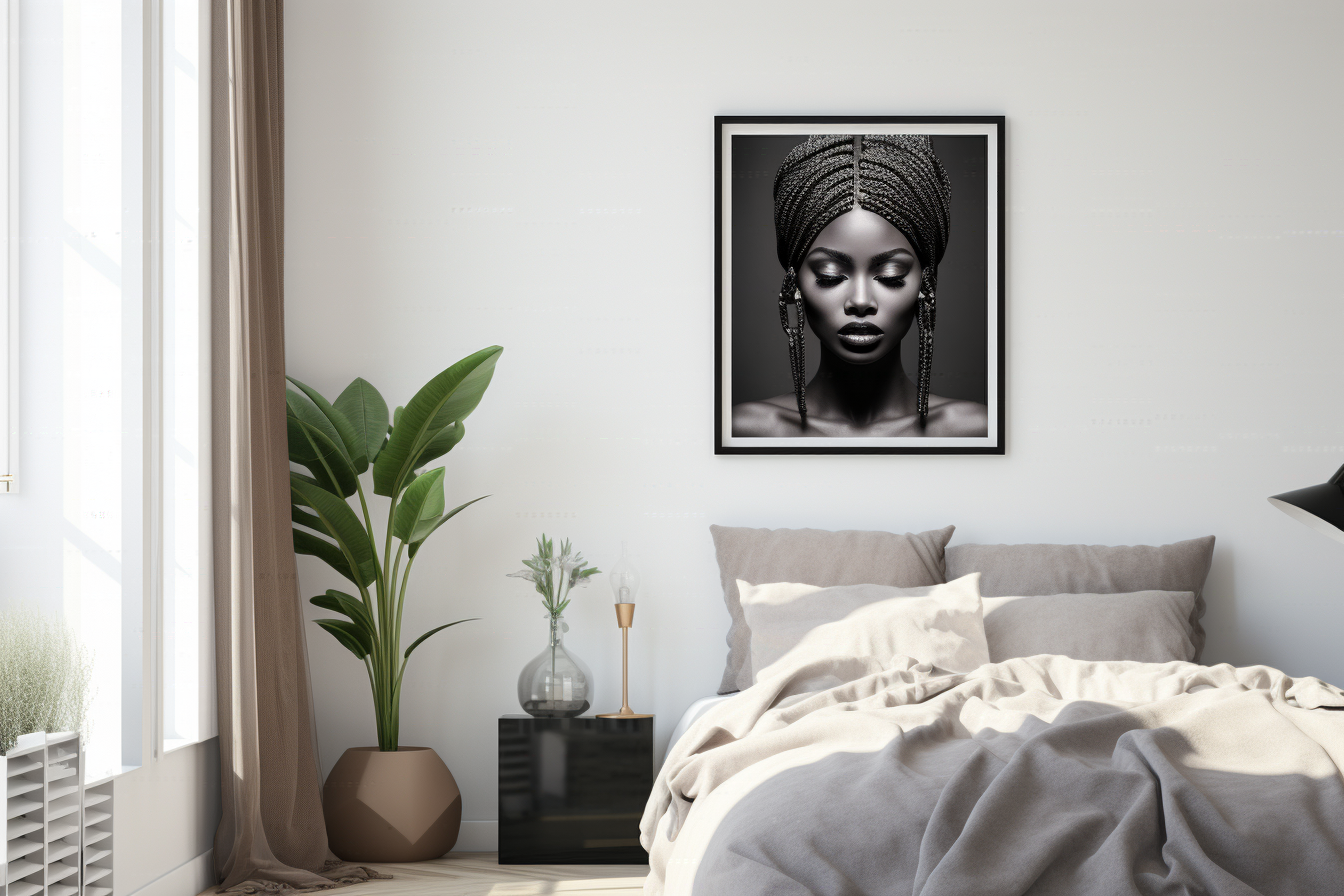 Framed monochrome portrait of African American woman painting