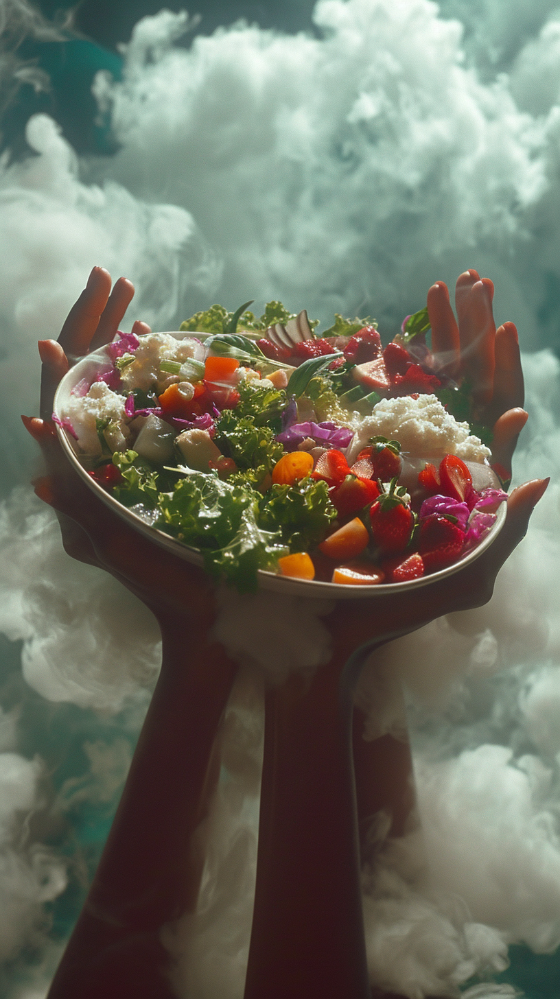 African American woman holding healthy salads in clouds