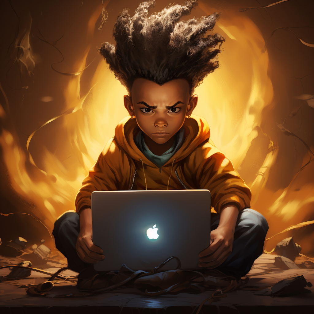 African American youth using a Macbook and going Super Saiyan